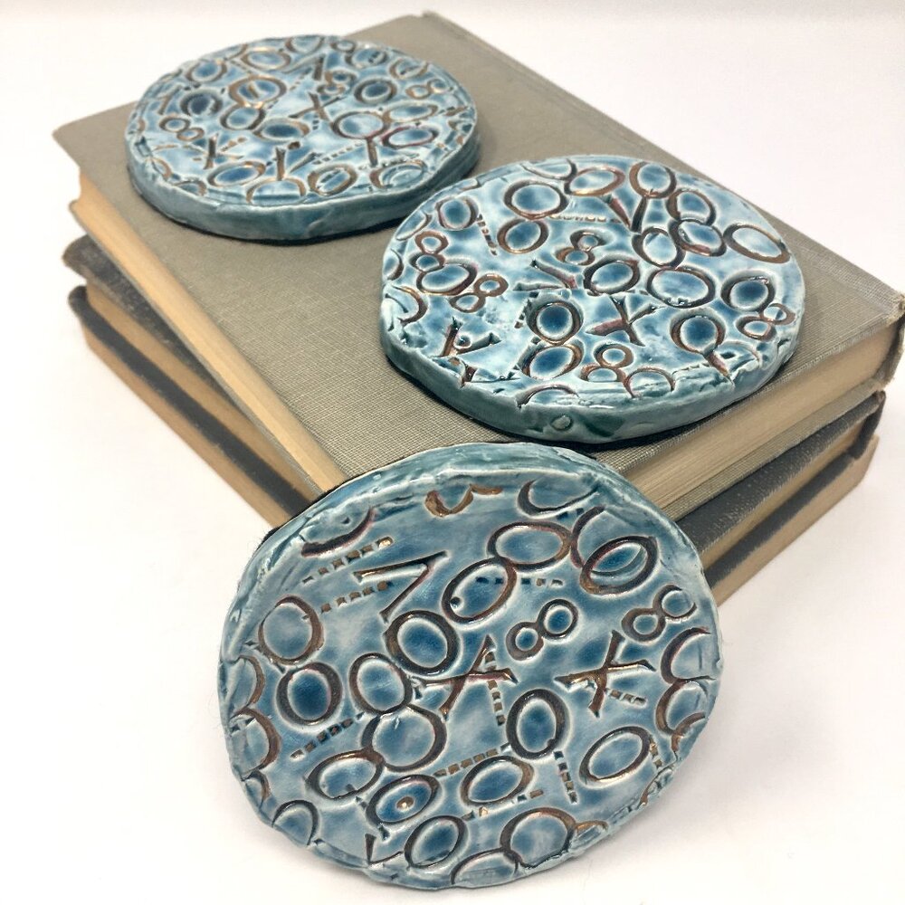 Set of Three Handmade Blue Glazed Gold Engraved Ceramic Felt Backed Coasters